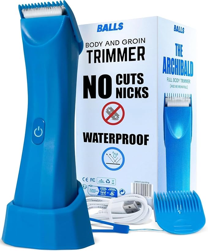 BALLS V3 The Archibald - Body & Pubic Hair Trimmer for Men - No Cuts, Sacksafe Guard, 100% Waterproof, Cordless - Wet/Dry with Replaceable Ceramic Blades Archibald Trimmer