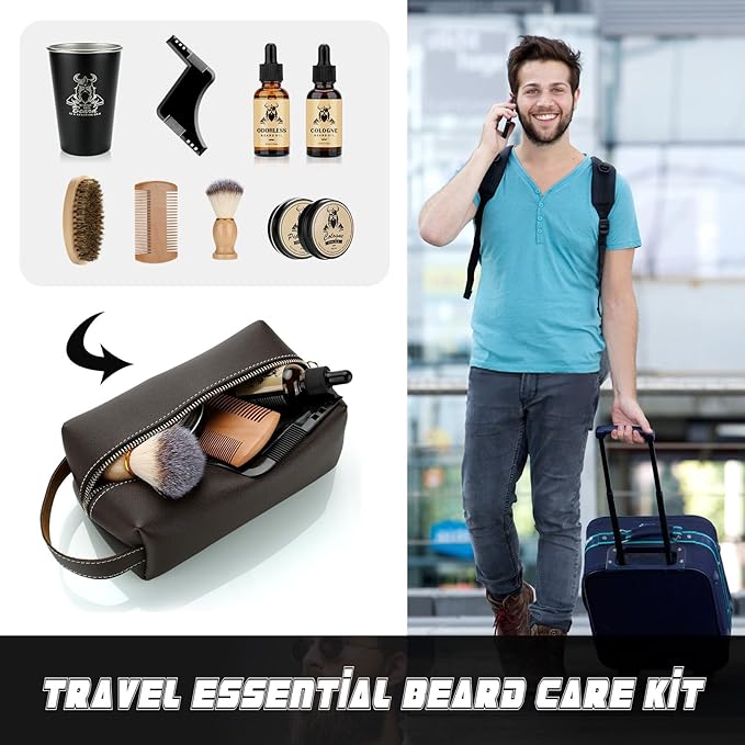 Beard Kit Gifts for Men, Father's Day Birthday Gifts for Men Dad Him, Grooming & Trimming Tool Complete Set, Beard Care Kit with 2 Beard Growth Oil/Balm/Brush/Comb/Shaving Soap/Cup&Storage Bag