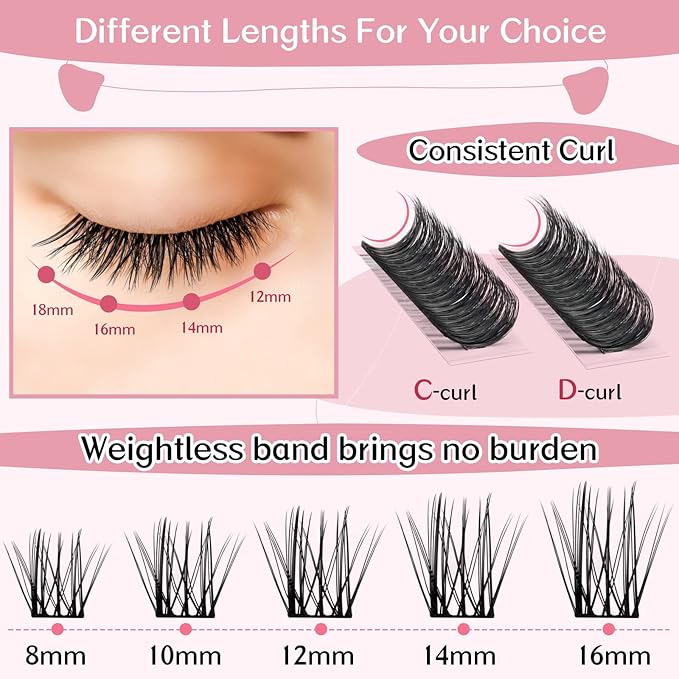 Lash Clusters, 72 Pcs Individual Cluster Lashes DIY Lash Extension 10-16mm Eyelash Clusters Volume Wispy Lashes Super Thin Band Reusable Soft & Comfortable(Glowing,D-10mm)