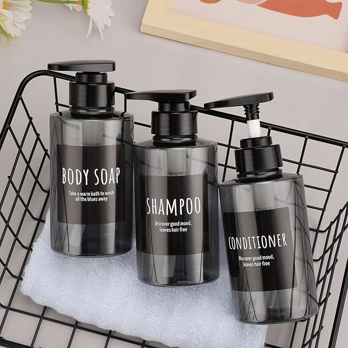 Empty Shampoo Bottles, Segbeauty 10.1oz Plastic Pump Dispenser Bottle, 3pcs 300ml Refillable Shampoo Pump Bottles for Shower, Grey Pump Bottles for Body Soap Shampoo Hair Conditioner Hotel Bathroom
