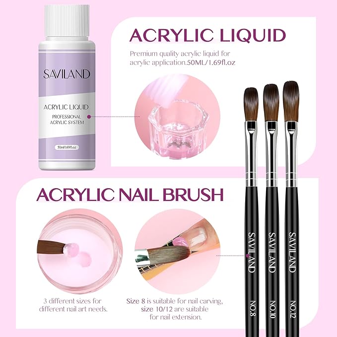 SAVILAND Acrylic Nail Kit with Drill: 15g Clear/White/Pink Acrylic Powder and Liquid Set with Drill Acrylic Brush Nail Forms Dappen Dish, Easy to Use Acrylic Nail Supplies for Beginners