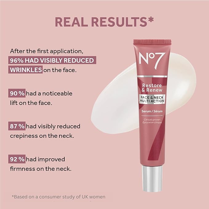 No7 Restore & Renew Face & Neck Multi-Action Serum - Collagen Peptide Anti-Aging Facial Treatment - Hyaluronic Acid Hydrating + Pro Retinol Skin Firming Hibiscus Peptides (2 Pack, 1.69 Fl Oz Each)