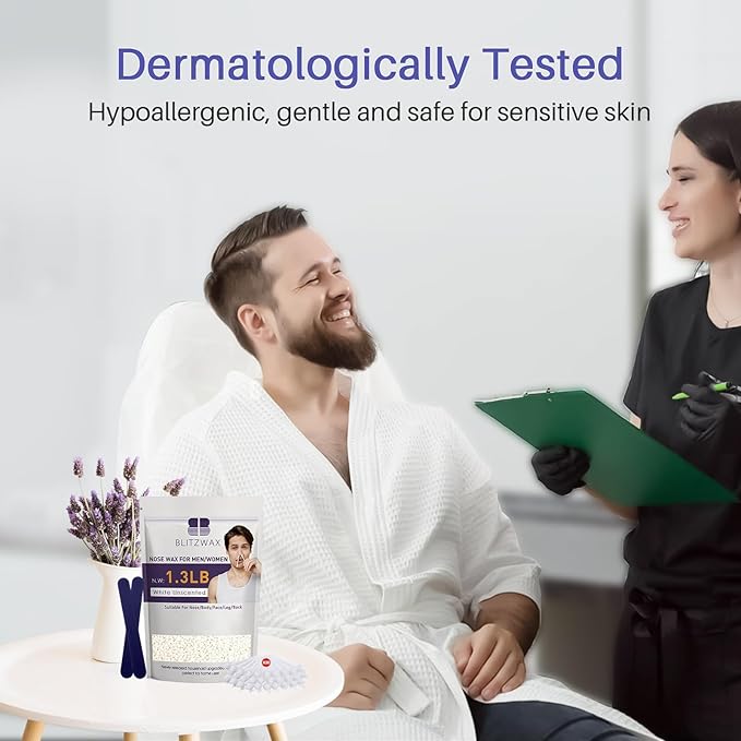 BLITZWAX Hair Removal Hard Wax Beads Unscented 1.3lb Waxing Beans Kit with 30 Nose Waxing Sticks for Sensitive Skin, Face, Back, Body, Brazilian and Coarse Hair, Home Wax Pearls for Men Women, White