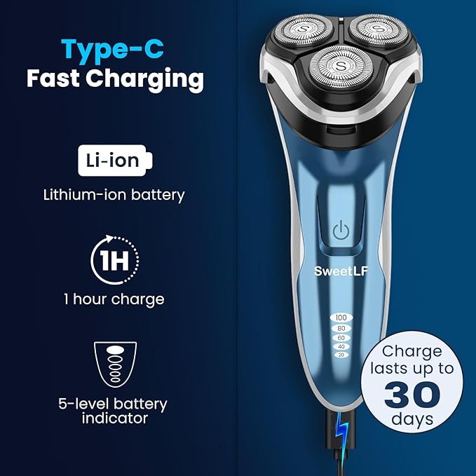 SweetLF Electric Razor for Men with Pop-Up Trimmer, 100% Waterproof Electric Shaver, Rechargeable Cordless Shavers for Men, Type-C, 120Mins Runtime, Plug & Play, Blue
