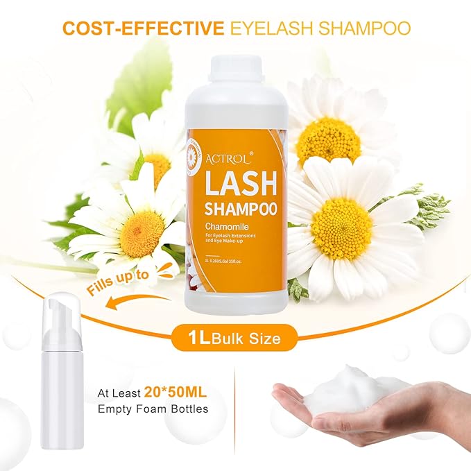Eyelash Extension Cleanser Chamomile 1L Natural Lash Extension Shampoo Professional Eyelid Foaming Cleanser Paraben & Sulfate Free Non-lrritating with Salon and Home Care