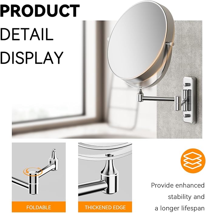 1X/20X Wall Mounted Makeup Mirror, 8'' 20X Magnifying Double-Sided Mirror with Tweezers, Bathroom Vanity Makeup Mirror, Cosmetic Mirror with 360 Rotation Extendable Swivel Arm, Chrome