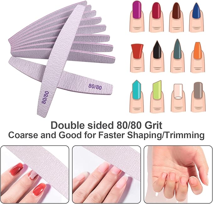 80/80 Grit Nail Files (10 Pack), Emery Boards for Acrylic Nails and Gel Nails, Coarse Nail File Double Sided 80 Grits Emory Professional Nail Filers Reusable Washable Manicure Curved Gray