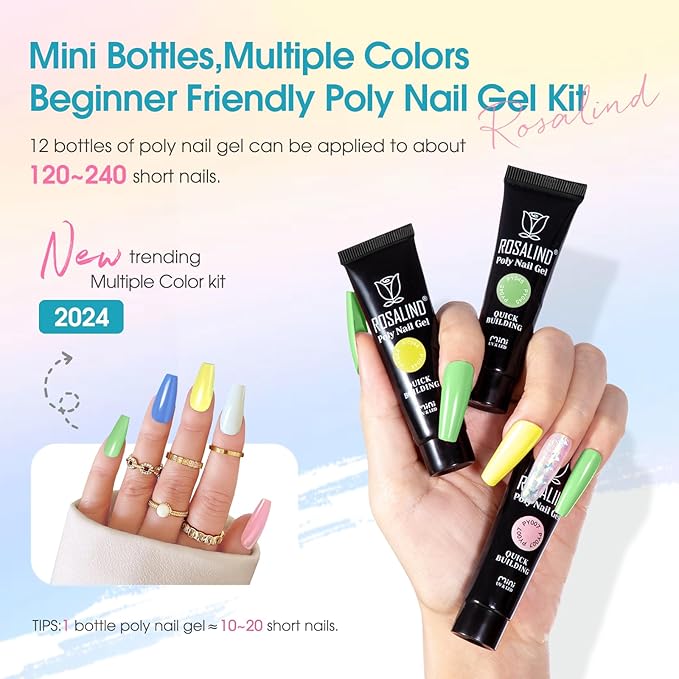 ROSALIND Poly Nail Gel Colors Kit -14 Colors +72 Nail Art Accessories kit Poly Nails Gel Kit Starter Kit with Mini UV Lamp Slip Solution Spring Poly Nail Art Tools for Beginners with Everything