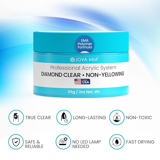 Joya Mia Acrylic Powder for Nails, MMA-Free, Super Adhesion Professional Powder for Flawless & Long-Lasting Nail Enhancements, Easy Application, Vibrant & Stunning Colors - Diamond Clear, 2 oz