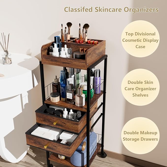 Makeup Organizer Cart Shelf Floor Skincare Organizers Make Up and Station Storage Cabinet For Vanity Standing Cosmetics With Drawers and Wheels For Nail Polish Perfume Hair Tool Beauty(Black)