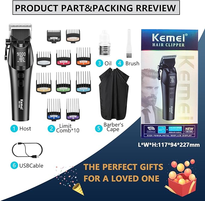 KEMEI 1858 Professional Hair Clippers for Men, Rechargeable Barber Clipper for Hair Cutting, Cordless Hair Trimmer with LED Display & 5-Speed Adjustable Settings, Gifts for Men
