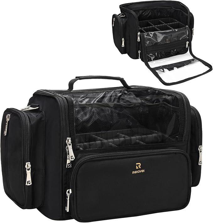 Makeup Brush Bag, Makeup Artist Must Haves, Professional Travel Makeup Brush Case, Extra Large Stand Up Make Up Brush Holder Makeup Organizer, Full Open With Compartments and Shoulder Strap