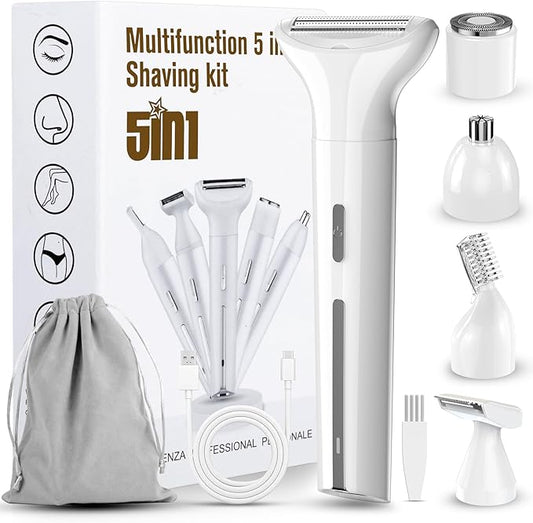 2025 New Bikini Trimmer for Women - 5 in 1 Wet/Dry Electric Razor for Women, Rechargeable Electric Shaver, IPX7 Waterproof Hair Remover for Face Nose Eyebrow Leg Pubic Armpit (White)