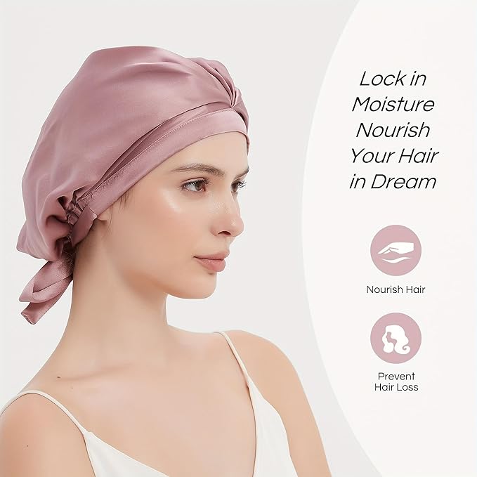 RachelSilk 100% Mulberry Silk Sleep Cap, Grade 6A 19 Momme Silk for Women Hair Care, Silk Night Bonnet with Elastic Stay On Head, Silk Cap after Shower, for Small -Medium Head Size (Rose)