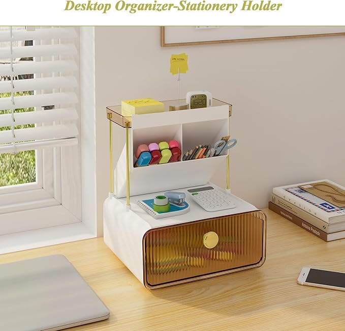 Makeup Organizer with Storage Drawer,Cosmetic Display with Lipsticks Brush Holder Perfume Tray,Organize Cosmetics and Beauty Supplies for Vanity,Dresser,Bathroom,Desktop Organizer,Amber