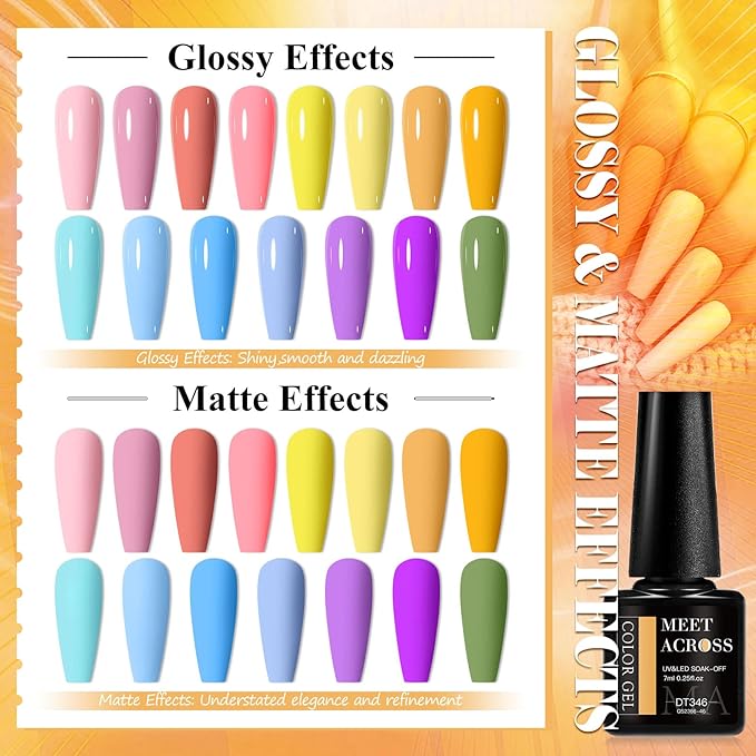 MEET ACROSS 18PCS Gel Nail Polish Set Nude Gel Polish Kit 15 Colors Pink Blue Yellow Orange Purple Green Nail Polish Kit Nail Art Manicure DIY Salon Home Women Gifts