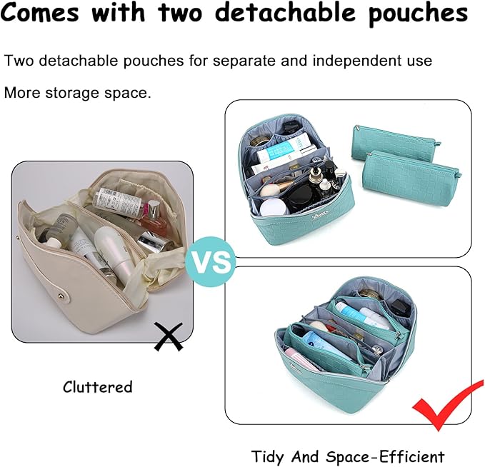 Travel Makeup Bag Organizer Cosmetic Bag: 3 Pcs Set Make up Bags for Women with Handle - Waterproof Vegan Leather Toiletry Bags with Comparments (Blue)