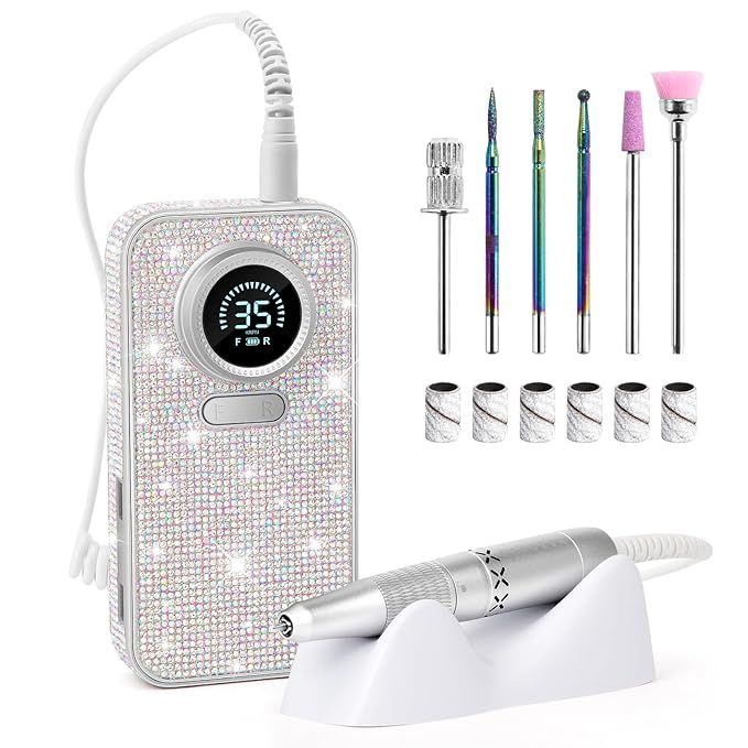35000RPM Diamond Electric Nail Drill, High Tech Acrylic Fast Removal Cordless Nail Drill with 6 Bits & Sanding Bands for Salon & Home DIY