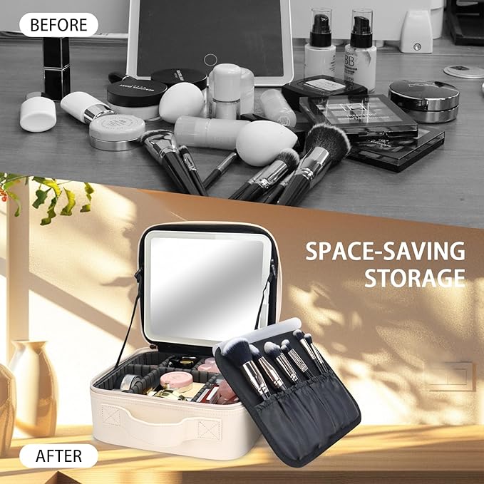Travel Makeup Bag with LED Lighted Mirror,Cosmetics Organizer, Makeup Bag with 3 Color Lighted Setting, Portable Storage and Adjustable Dividers Travel Makeup Bag(White)