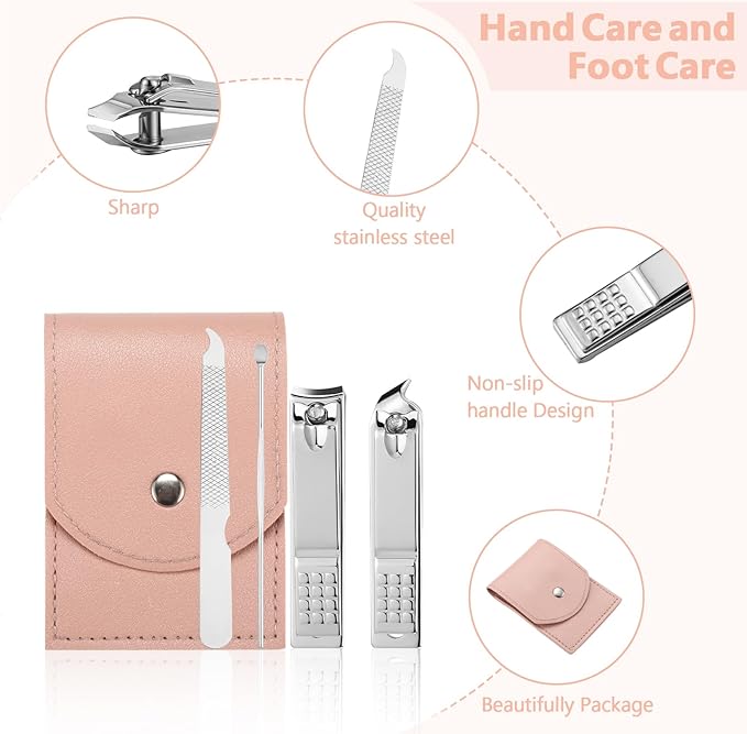 Lasnten 100 Bulk Nail Clipper Set Bulk Manicure Kit Stainless Steel Pedicure Professional Nail Care Kit with Travel Case Portable Grooming for Husband Men Women Family(Pink,4 in 1)