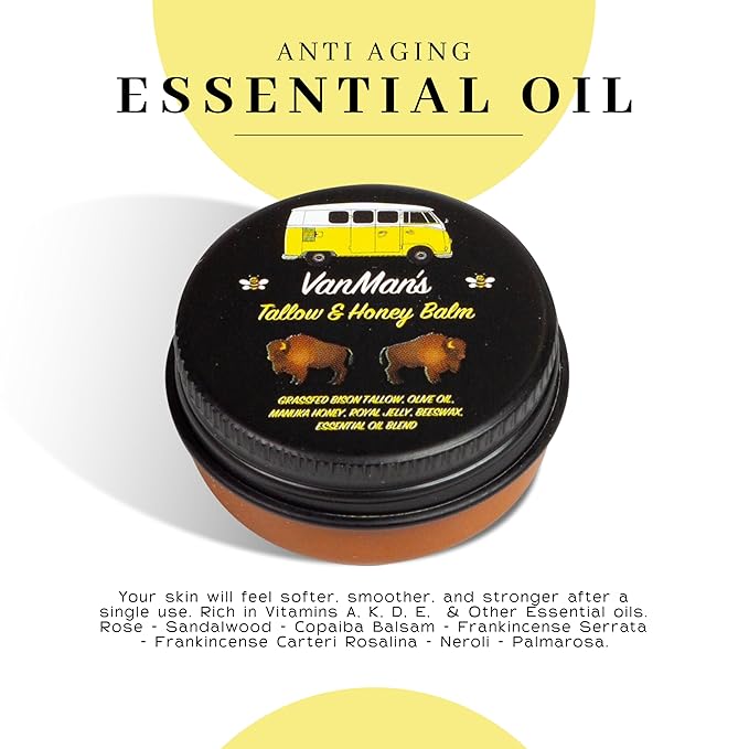 Vanman’s - Tiny Bison Tallow and Honey Balm - Grass-Fed/Finished Bison Tallow and Manuka Honey Cream with Royal Jelly, Essential Oils - Cream for Dry, Delicate Skin - Bison Tallow Skin Care - 0.25 oz