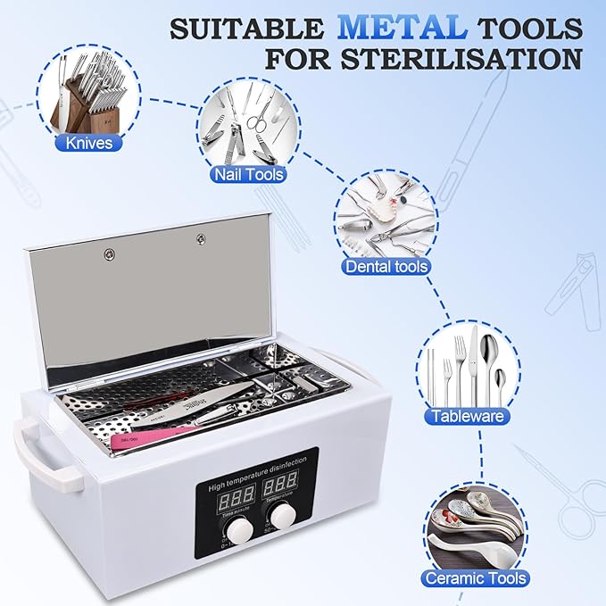 New Generation 2.5L High Temperature Metal Tool Cleaner Box, 300W Dry Heat Cleaner, 230°C Nail Tool Cleaner with LED Temperature Display and 120 Minute Timer for Cosmetic Dental Metal Tools