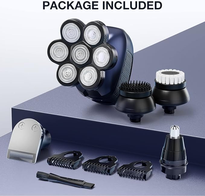 Head Shaver 7D, Wyklaus Upgrade Head Shavers for Bald Men, Head Electric Razor with Nose Hair Trimmer, IPX6 Waterproof Wet/Dry Mens Grooming Kit, Anti-Pinch, LED Display, USB Rechargeable