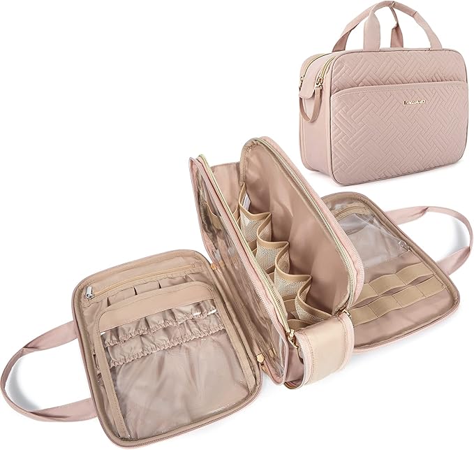 BAGSMART Toiletry Bag for Women, Large Toiletry Bag Water-resistant Makeup Cosmetic Organizer Bag Door Room Essentials for Accessories, Shampoo, Full Sized Container, Toiletries (Medium, Pink)