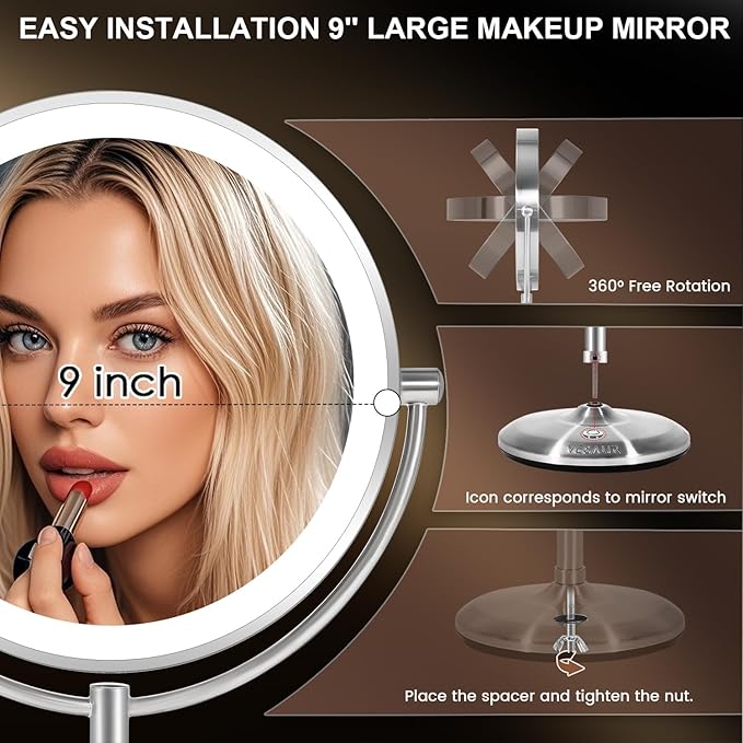 VESAUR 15X Magnifying Mirror with Light, 9" Large 5000mAh Rechargeable Double Sided HD Lighted Makeup Mirror with 3 Touch Dimmable Light, 360° Swivel Detachable for Travel Vanity Mirror Nickel, Gifts