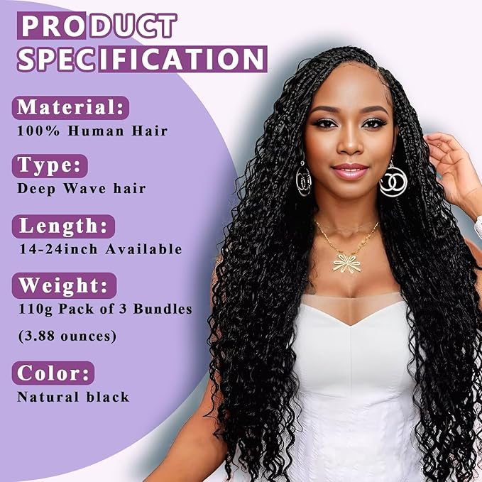 Human Braiding Hair For Boho Braids Deep Water Wave Bulk Human Hair for Braiding 12A Wet and Wavy Curly 100% Human Hair Extensions 3 Bundles 110g Natural Color 22inch