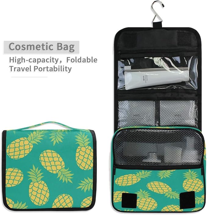 Hanging Toiletry Bag Tropical Fruit Pineapple Pattern Portable Travel Cosmetic Makeup Bag Bathroom Shower Shaving Kit Organizer Bag for Men Women