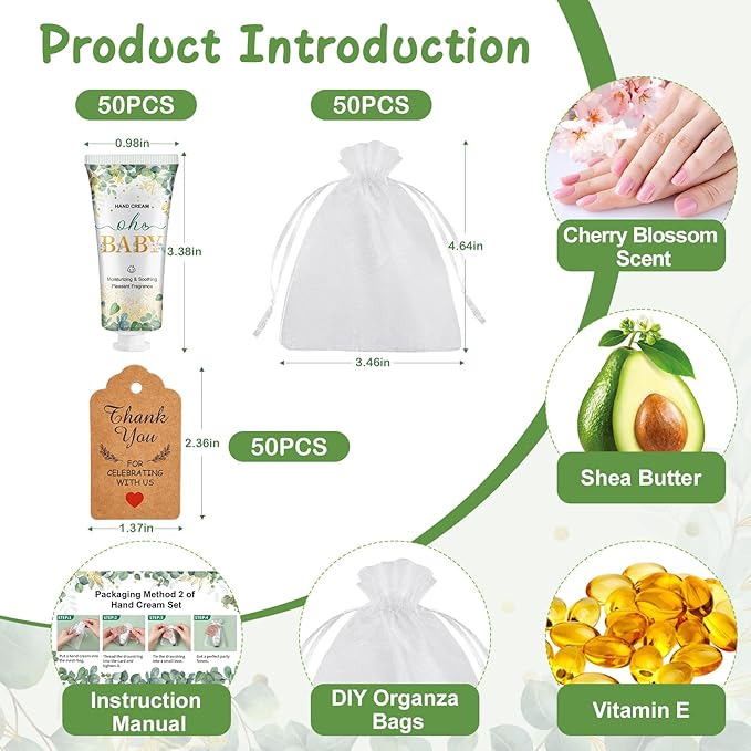 50 Sets Baby Shower Hand Cream Bulk Gifts, Bridal Shower Favors and Baby Shower Favors for Guests with Thank You Card and Organza Gift Bags, Thank You Gifts for Women Coworkers (Oh Baby)