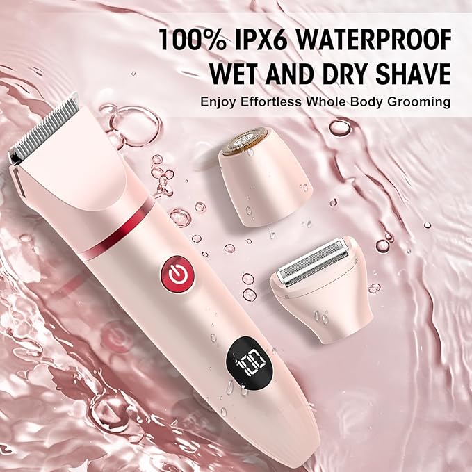 Bikini Trimmer for Women- 3 in 1 Painless Electric Razors for Women,Waterproof Pubic Hair Trimmer and Facial Hair Remover,LCD Display Body Shaver for Trip,Rechargeable Women's Grooming Kit
