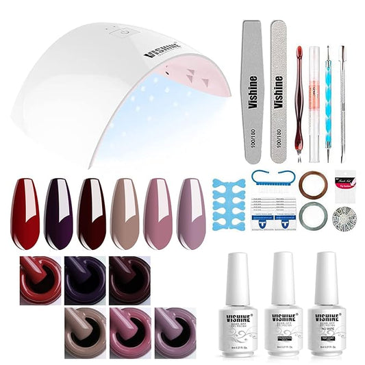 Gel Nail Polish Starter Kit - Vishine 6 Corals Colors Gel Polish Set Base Top Coat, 36W LED Nail Dryer Lamp with Full DIY Gel Manicure Nail Tools 8ml #C022