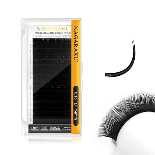 NAGARAKU Double Tips Ellipse Eyelash Extensions Lighter Thinner Flat Split Tips Individual Lash 0.15mm D curl 14mm Matte Black Faux Mink Classic False Lash Supplies 16 Rows