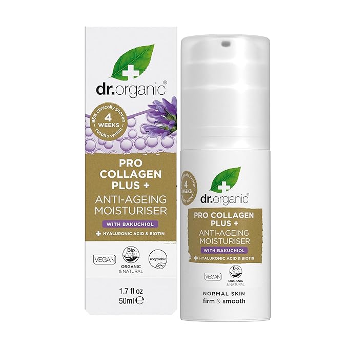 Dr. Organic Pro Collagen Plus + Anti-Ageing Moisturiser with Bakuchiol | Firm & Smooth Skin, Reduces Wrinkles, (Normal Skin) Natural, Certified Organic, Paraben & SLS-Free, 50 mL / 1.7 fl oz