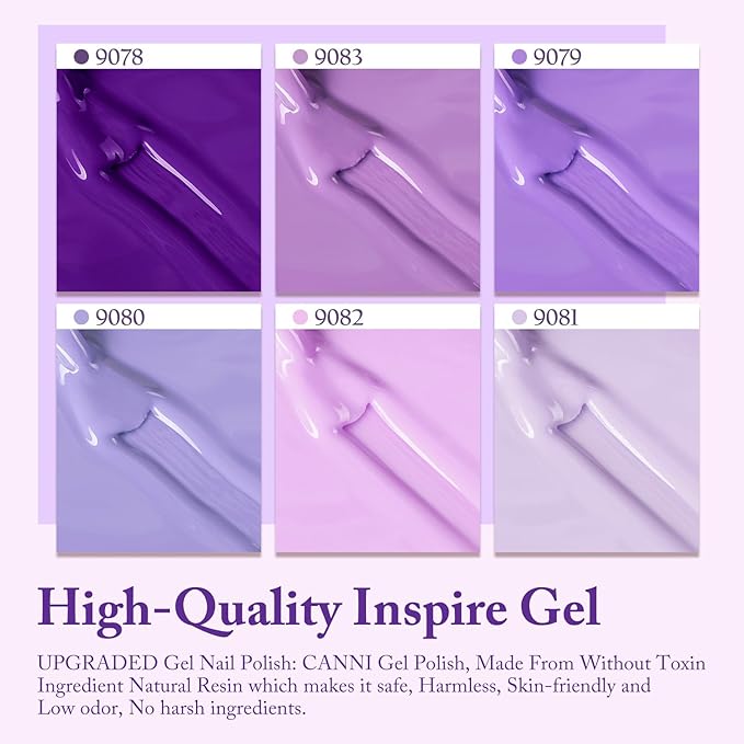 CANNI Purple Gel Polish Set, 6 Colors 9ML Violets Dark Purple Summer Pastel Pink Soak Off UV LED Nail Kit DIY Art Manicure Home Salon