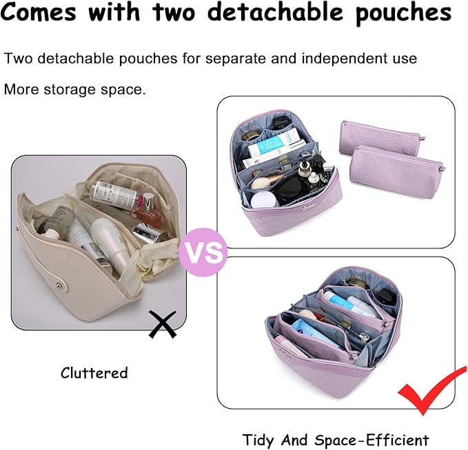 BOYATU Travel Makeup Bag Organizer Cosmetic Bag: 3 Pcs Set Make up Bags for Women with Handle - Waterproof Vegan Leather Toiletry Bags with Comparments (Purple)