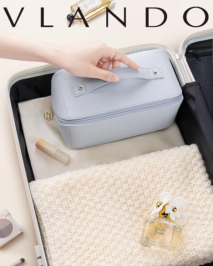 Vlando Makeup Bag,Travel Makeup Bag Waterproof Portable Cosmetic Bag PU Leather Open Flat Make up Organizer for Toiletries,Gifts for Teen Girls Women(Baby Blue)