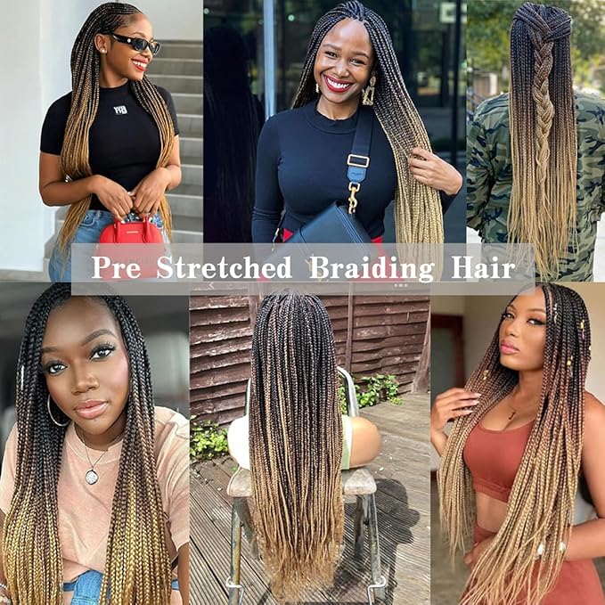 36'' Ombre Pre Stretched Braiding Hair Yaki Texture Crochet Braid Hair Extensions 4 Tones Braiding Hair Pre Stretched (7packs,1b/30/27)
