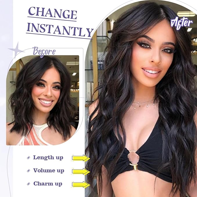 Synthetic Clip in Hair Extensions 20 Inch 5Pcs Dark Brown Long Wavy Thick Hairpieces Double Weft Natural Hair Extensions for Women