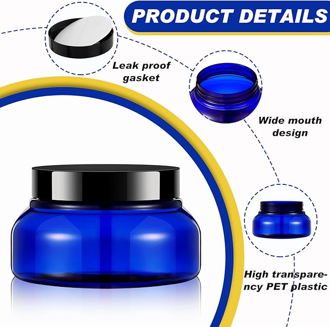Tessco 24 Pack Plastic Jars with Lids Labels Empty Clear Plastic Jars Round Refillable Cosmetic Containers Body Butter Containers Bulk Sugar Scrub Bottle for Make Up(5 oz,Translucent Blue and Black)