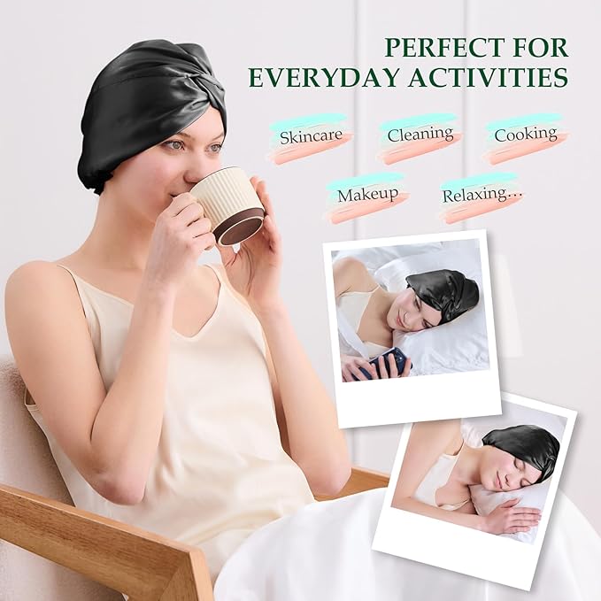 Silk Bonnet for Sleeping Women, 100% Mulberry Silk Sleep Cap with Elastic Band, Real Mulberry on Both Sides, Black