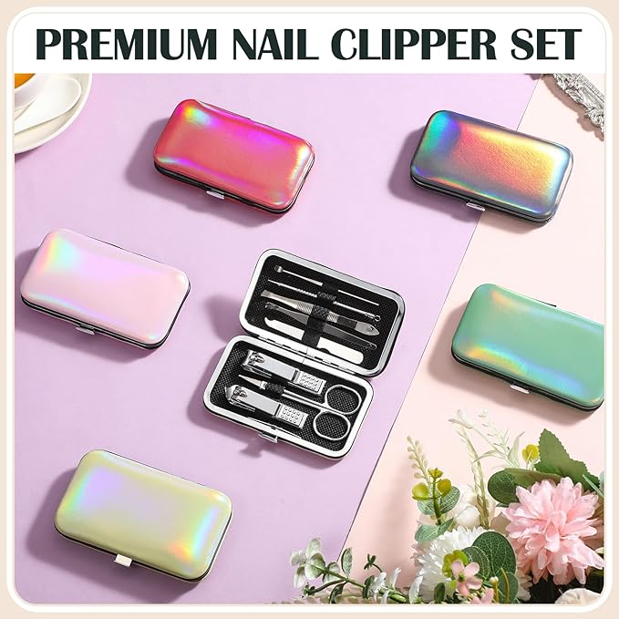 30 Sets Bulk Gifts for Women Manicure Set Bulk Professional Nail Care Kit Nail Clippers Kit 8 in 1 Stainless Steel Pedicure Set with Travel Case for Women Men(Iridescent)
