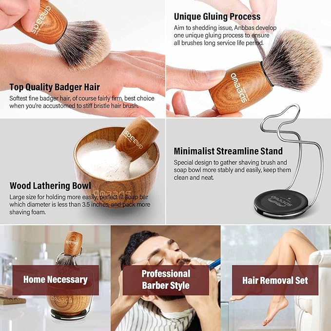 Anbbas Badger Hair Shaving Brush with Wood Handle,Large Soap Bowl,Stainless Steel Shaving Stand and 3.5 oz Natural Shaving Soap Puck Refill for Men