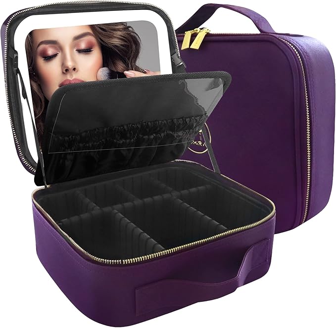 MOMIRA Travel Makeup Bag Cosmetic Bag Makeup Organizer Bag with Lighted Mirror, Adjustable Brightness in 3 Color Scenarios, Waterproof Makeup Train Case, Gift for Women - Deep Purple