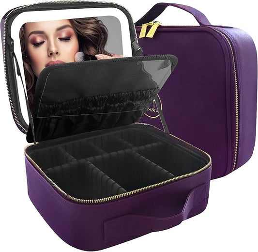 MOMIRA Travel Makeup Bag Cosmetic Bag Makeup Organizer Bag with Lighted Mirror, Adjustable Brightness in 3 Color Scenarios, Waterproof Makeup Train Case, Gift for Women - Deep Purple