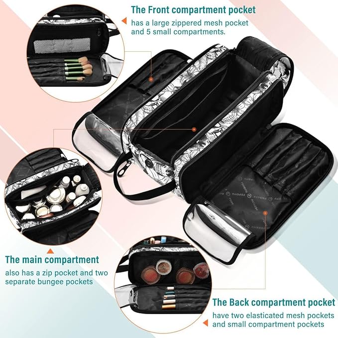 MNSRUU Travel Makeup Bag, Goth Skull Makeup Bag - Large Capacity Cosmetic Bag Organizer, Portable Toiletry Bag for Travel Size