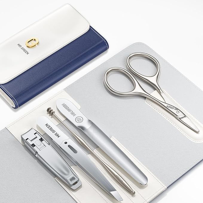 MR.GREEN Nail Clippers, 5PCS Nail Clipper Set With Ultra-thin Fingernail Clippers,Nail File, Tweezers, Scissors, Professional Manicure Set for Men and Women, Nail Cutter with Leather Case (Blue)