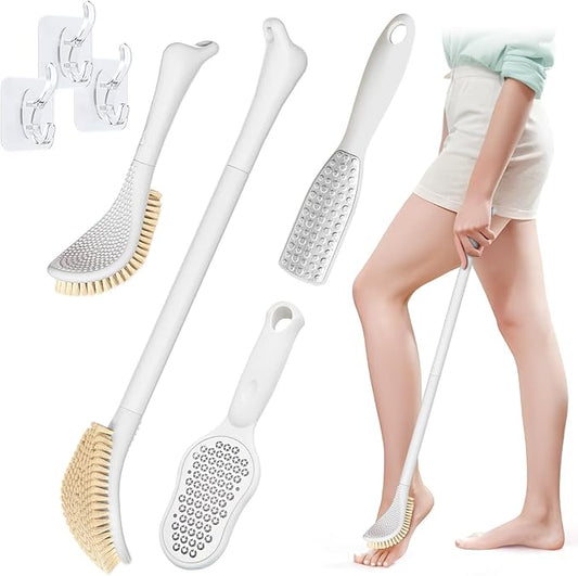New Foot Brush with Long Handle, 3-in-1 Foot Scrubber in Shower, 10.2’’-27.5’’Adjustable Foot Scrub Brush and 2 Foot File Callus Remover, Gift-Box Packaged(White+2*Foot File)